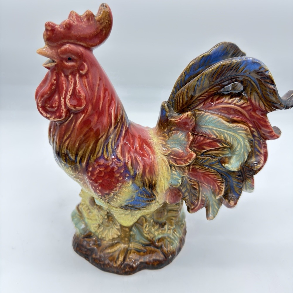 Vintage Hand Painted Rooster Figurine Ceramic Farmhouse Décor Large Colorful